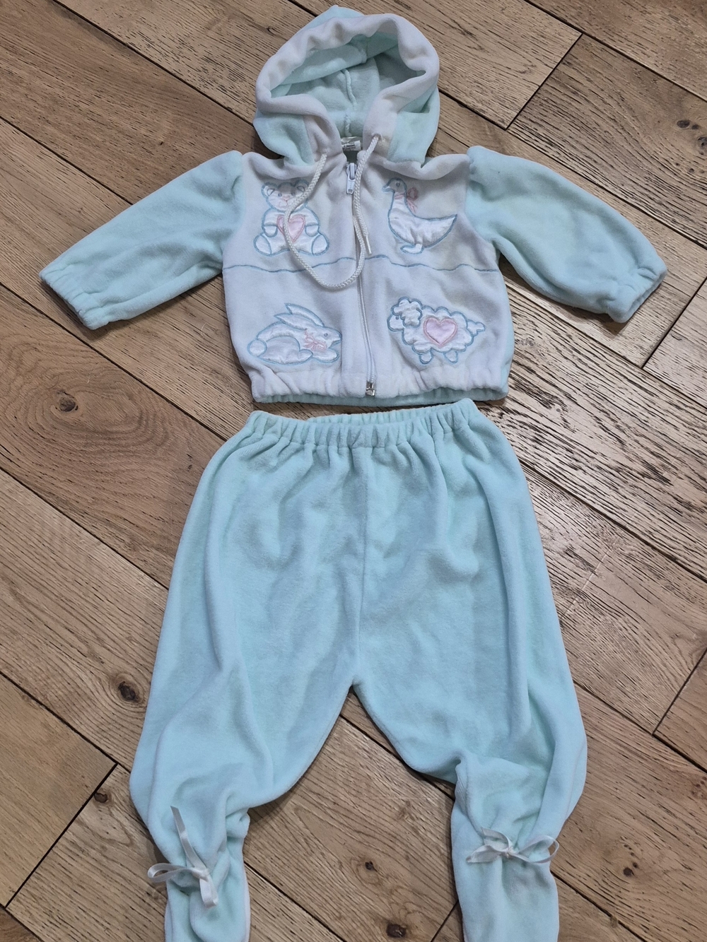 Vintage Baby Two-Piece Hooded Outfit in Light Aqua and White